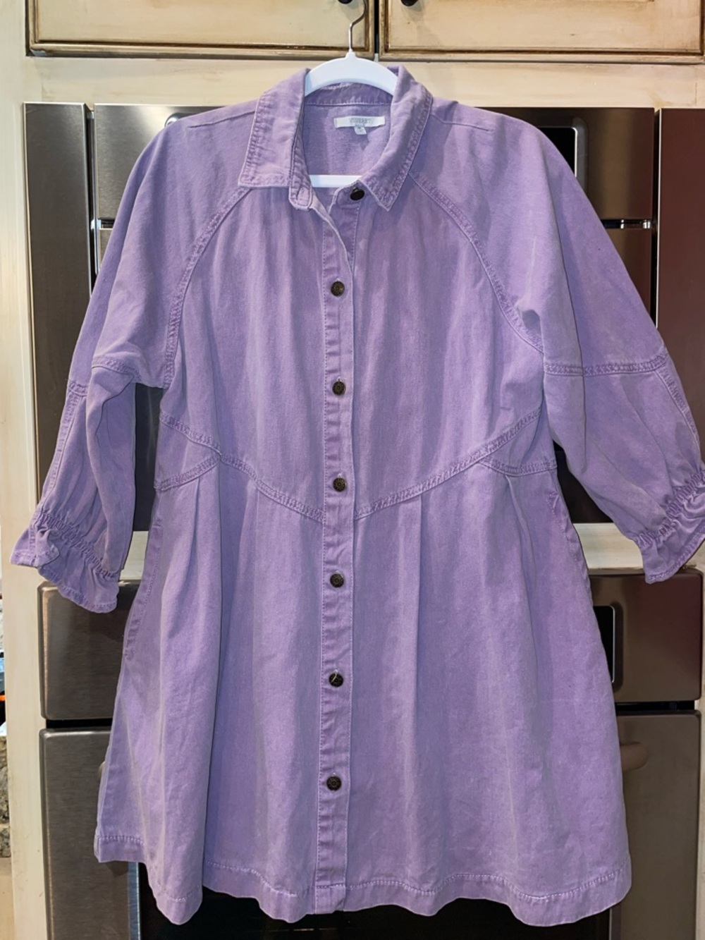 Purple Button-Front Denim Midi V Waist Dress